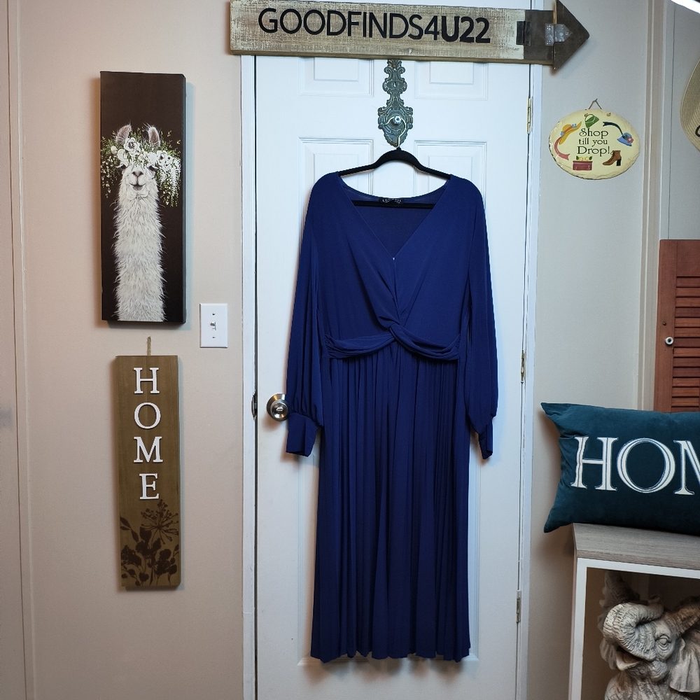 Eloquii Knot Front Blue Pleated Long Sleeve Midi Dress Plus Size 18 Soft Stretch